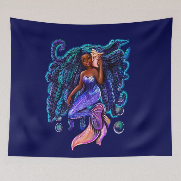 Item preview, mermaid with flowing braids and conch sea shell , brown eyes curly Afro hair and caramel brown skin designed and sold by Artonmytee.