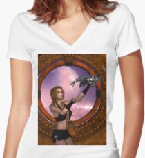 Wonderful steampunk lady with steam dragon Women's Fitted V-Neck T-Shirt