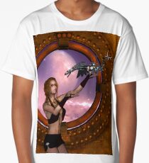 Wonderful steampunk lady with steam dragon Long T-Shirt