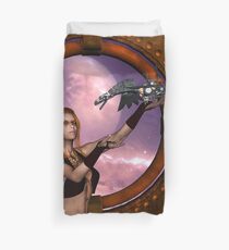 Wonderful steampunk lady with steam dragon Duvet Cover