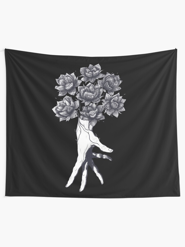 Alternate view of Hand with lotuses on black Tapestry