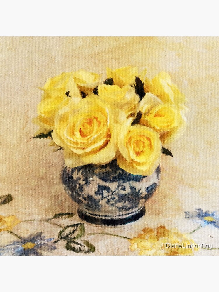 Bolsa de tela «Rosas Amarillas en Florero Azul y Blanco» de DianeLindonCoy  | Redbubble