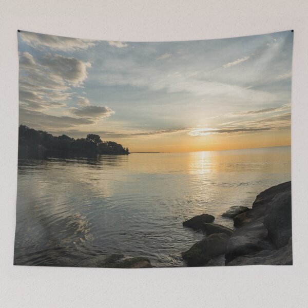 Item preview, Resplendent Daybreak - Waterfront Sunrise Hugged by Clouds and Rocks designed and sold by Georgia Mizuleva.