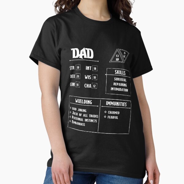 Vista previa del artículo con la obra «Hoja de personaje de papá | Camisa de las mazmorras y de los dragones de <br> Celebra su boda! Camiseta DND | Regalos Calabozos y Dragones | Regalos Maestro de la mazmorra | Regalos para el día del padre», diseñado y vendido por Atypical Insights.