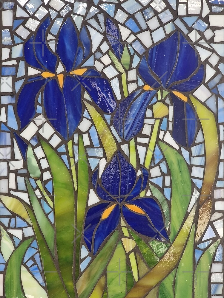 "Dark blue irises stained glass mosaic" Poster for Sale by