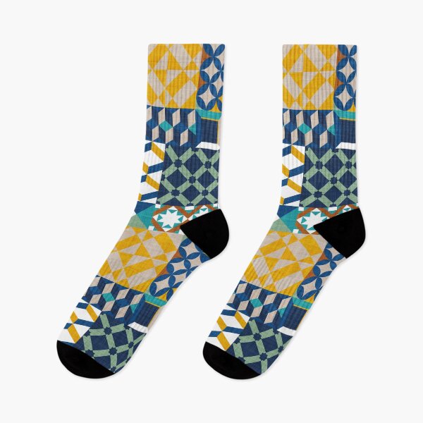 Item preview, Geometric tiles inspiration patchwork // goldenrod yellow greige copper brown jade green peacock classic and midnight blue designed and sold by SelmaCardoso.