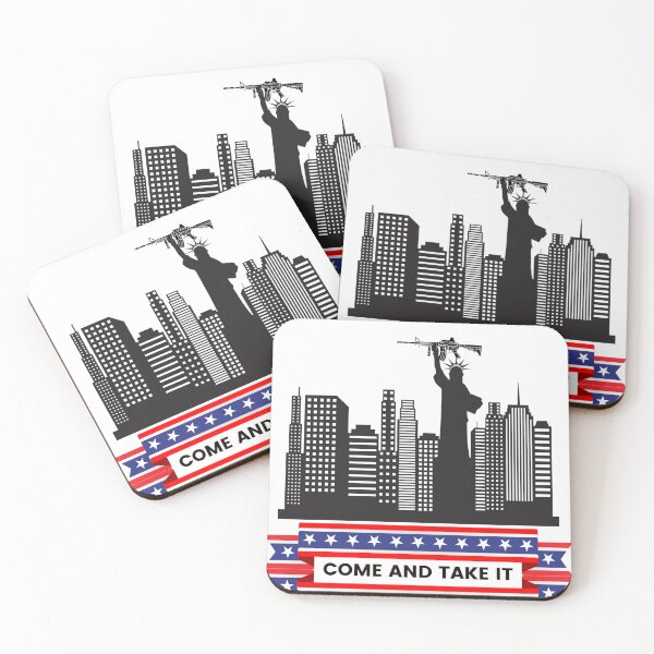 Artikelvorschau, Komm und nimm es, Freiheitsstatue mit AR-Waffe, 2. Änderung, 2A-Rechte, rot-weißes und blaues patriotisches Design, Sterne, Flagge, Skyline von New York, entworfen und verkauft von dreamwearprints.