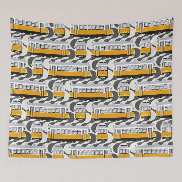 Item preview, Lisbon trams // Portuguese Rossio cobblestone inspiration background lemon lime and marigold transport designed and sold by SelmaCardoso.