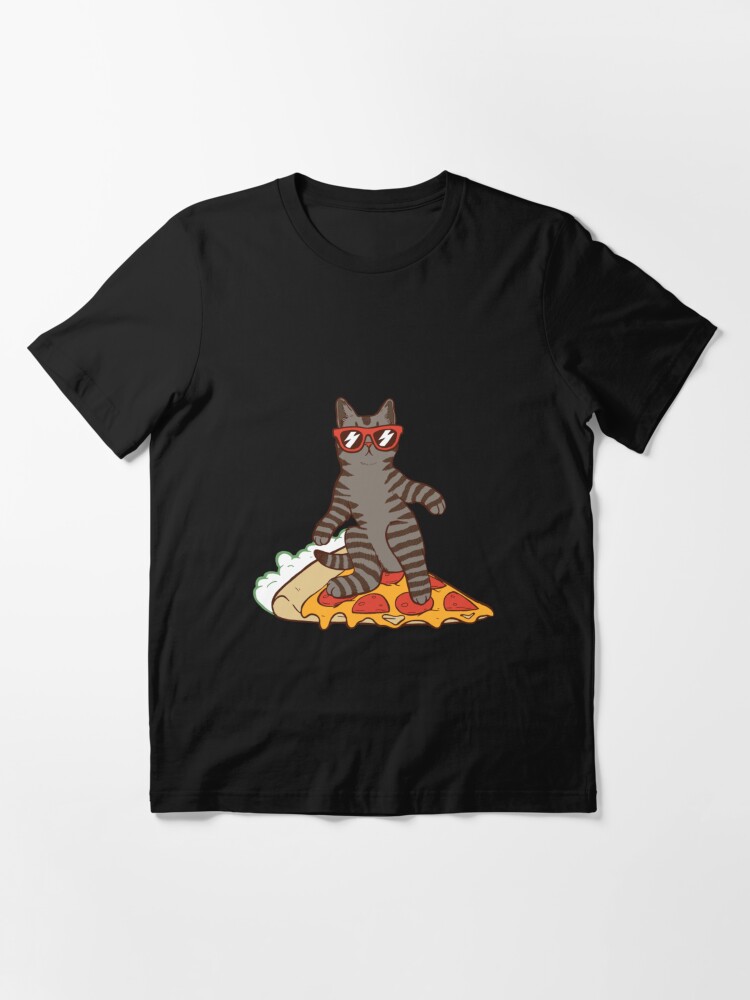 cat surfing on pizza shirt