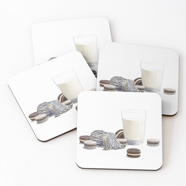 Item preview, Macarons, a glass of milk, and a pyjama striped squid designed and sold by Burning Bee Illustration.