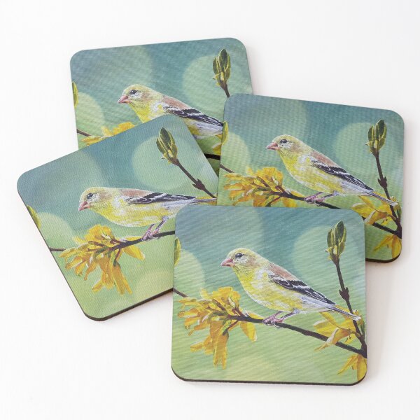 Item preview, American Goldfinch and Forsythia painting designed and sold by Emily Bickell.
