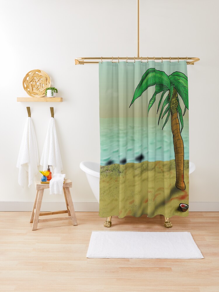 Thumbnail 1 of 5, Shower Curtain, Run Bite Coconut Might (Island of Undead) designed and sold by dj-KIR.