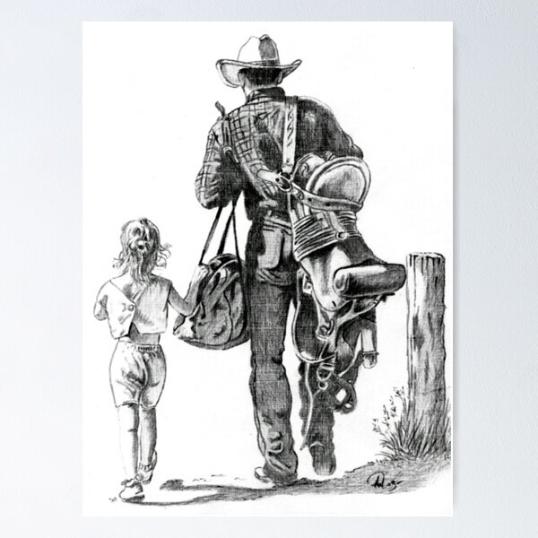 Artikelvorschau, diesmal mit Bleistift gezeichnet. Nach einem Arbeitstag geht der müde Cowboy mit seiner Tochter nach Hause. entworfen und verkauft von RainbowDesign.