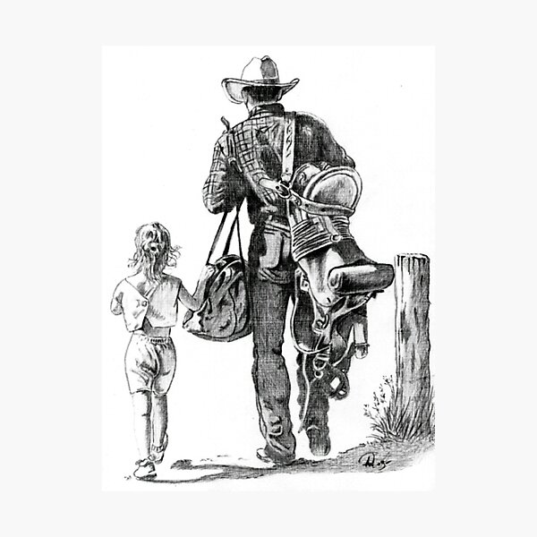 Artikelvorschau, diesmal mit Bleistift gezeichnet. Nach einem Arbeitstag geht der müde Cowboy mit seiner Tochter nach Hause. entworfen und verkauft von RainbowDesign.