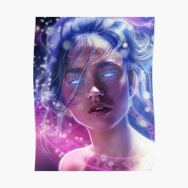 Magical Girl with Blue Hair and Glowing Eyes Poster