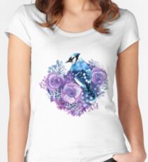 Blue Jay and Violet Flowers Watercolor Women's Fitted Scoop T-Shirt