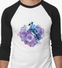 Blue Jay and Violet Flowers Watercolor Men's Baseball ¾ T-Shirt