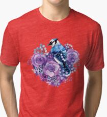 Blue Jay and Violet Flowers Watercolor Tri-blend T-Shirt