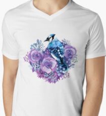 Blue Jay and Violet Flowers Watercolor V-Neck T-Shirt