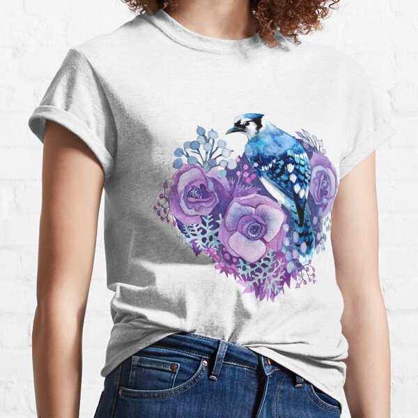 Blue Jay and Violet Flowers Watercolor Classic T-Shirt