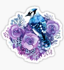 Blue Jay and Violet Flowers Watercolor Sticker