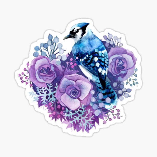 Blue Jay and Violet Flowers Watercolor Sticker