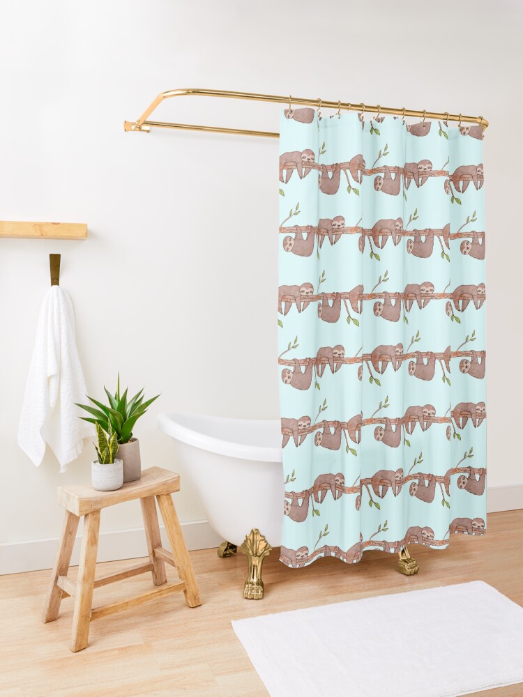 Thumbnail 3 of 5, Shower Curtain, Baby Sloths hanging on Tree Pattern designed and sold by tanyadraws.