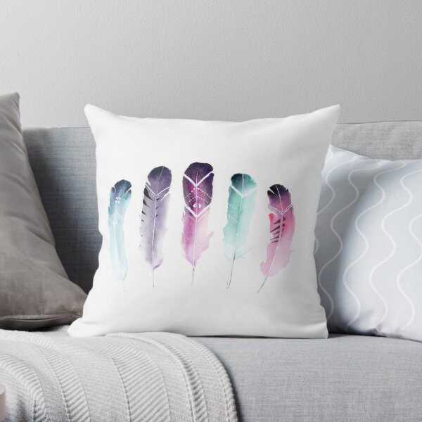 Feathers with Colorful Tribal Pattern - Colorful Feathers Throw Pillow