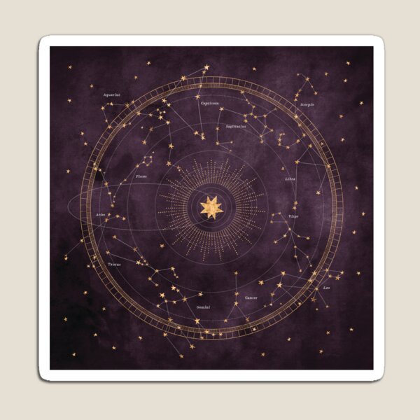 Astrology Wheel with Golden Zodiac Signs on Deep Purple Sky Magnet