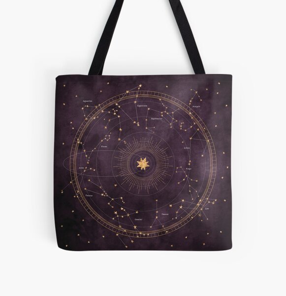 Astrology Wheel with Golden Zodiac Signs on Deep Purple Sky All Over Print Tote Bag