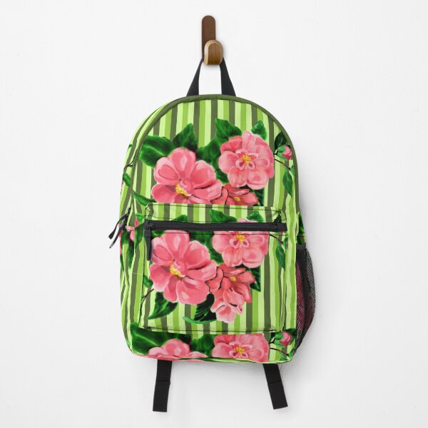 Item preview, Pink Camellias on green stripes designed and sold by Faerieglen.