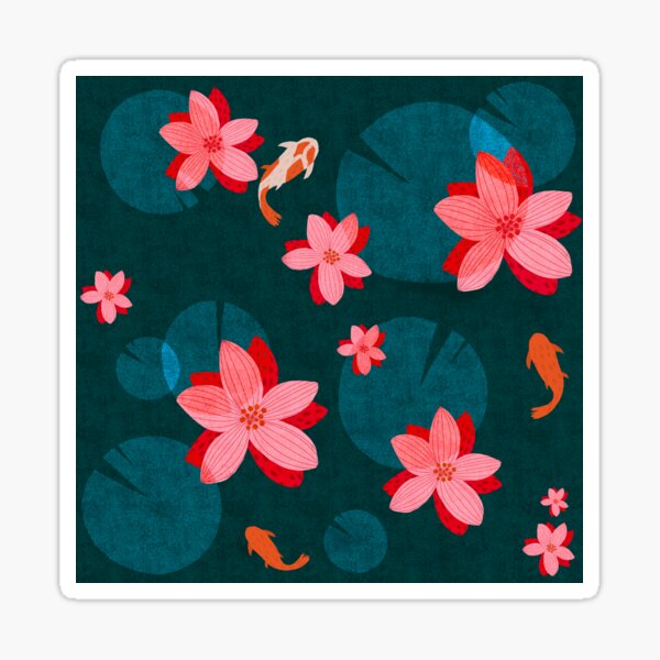 Serene, whimsical koi pond with Water Lillies flowers and pads Sticker
