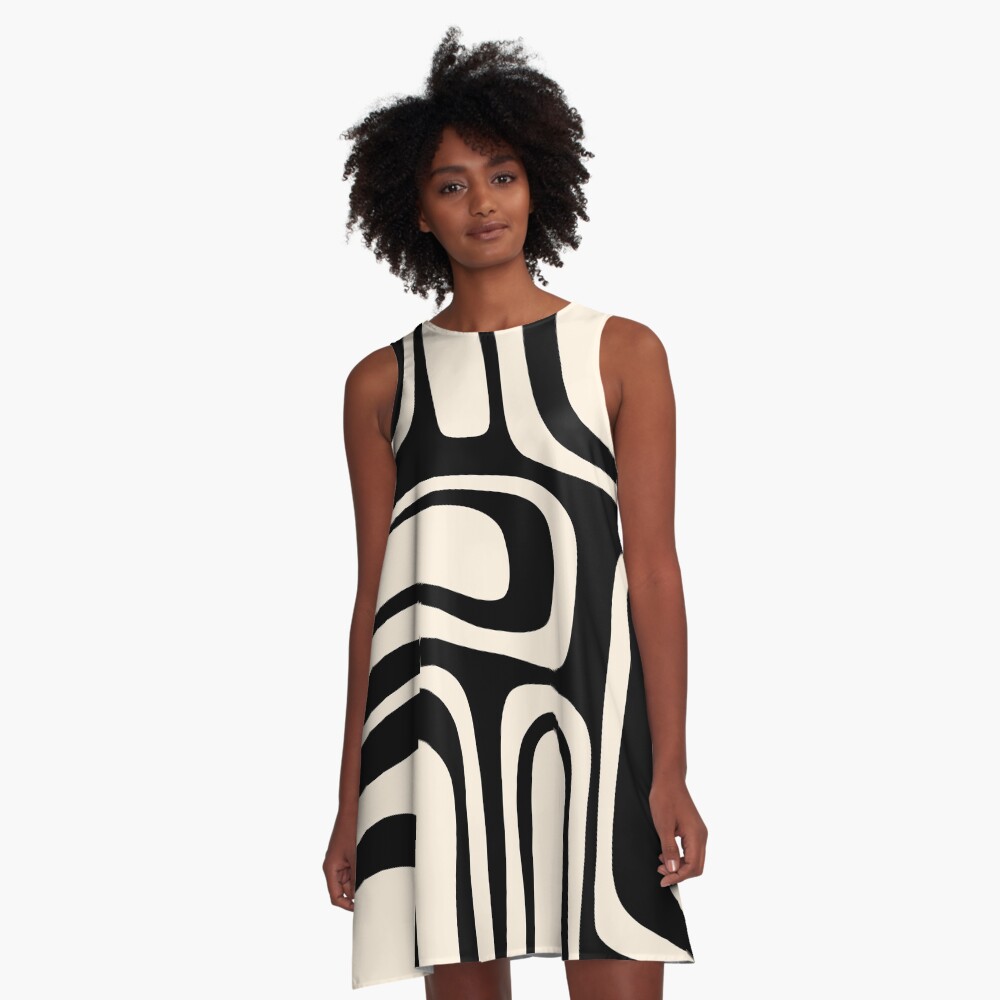 Palm Springs Retro Midcentury Modern Abstract Pattern Black and Almond Cream A-Line Dress