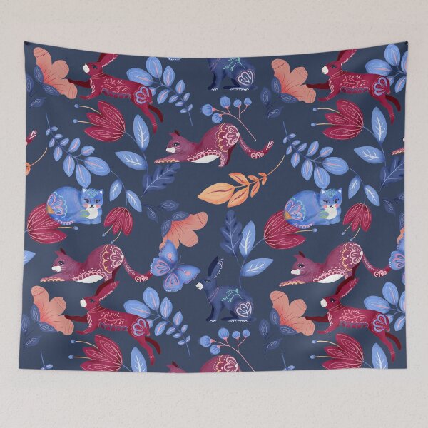 Item preview, Navy Folk Animal Floral Pattern designed and sold by HappyLifeCreate.