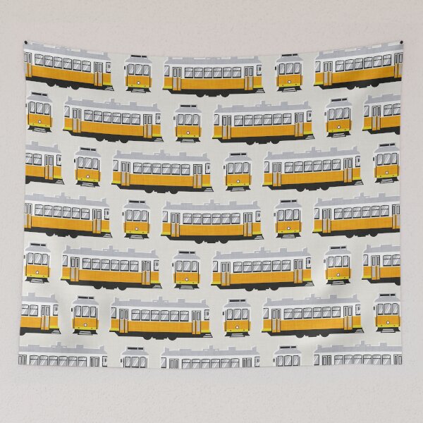 Item preview, Lisbon trams // beige background lemon lime and marigold transport designed and sold by SelmaCardoso.