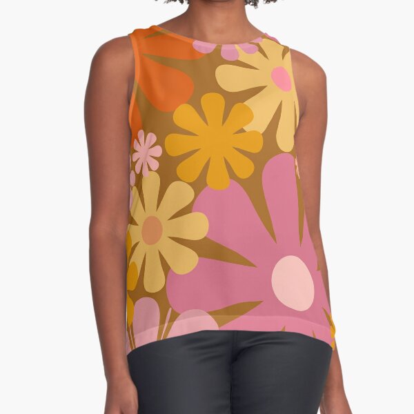 Retro 60s 70s Flowers - Vintage Style Floral Pattern in Thulian Pink,  Orange, Mustard, and Cream Sleeveless Top for Sale by kierkegaard