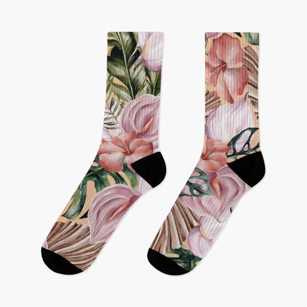 Item preview, Beautiful tropical watercolor pink hibiscus flowers and green leaves, bright pink and green tones designed and sold by Orianah.