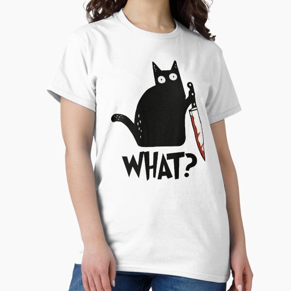 Vista previa del artículo con la obra «¿Gato qué? Camiseta premium de regalo de gato negro asesino con cuchillo», diseñado y vendido por ZeLittleFamily.