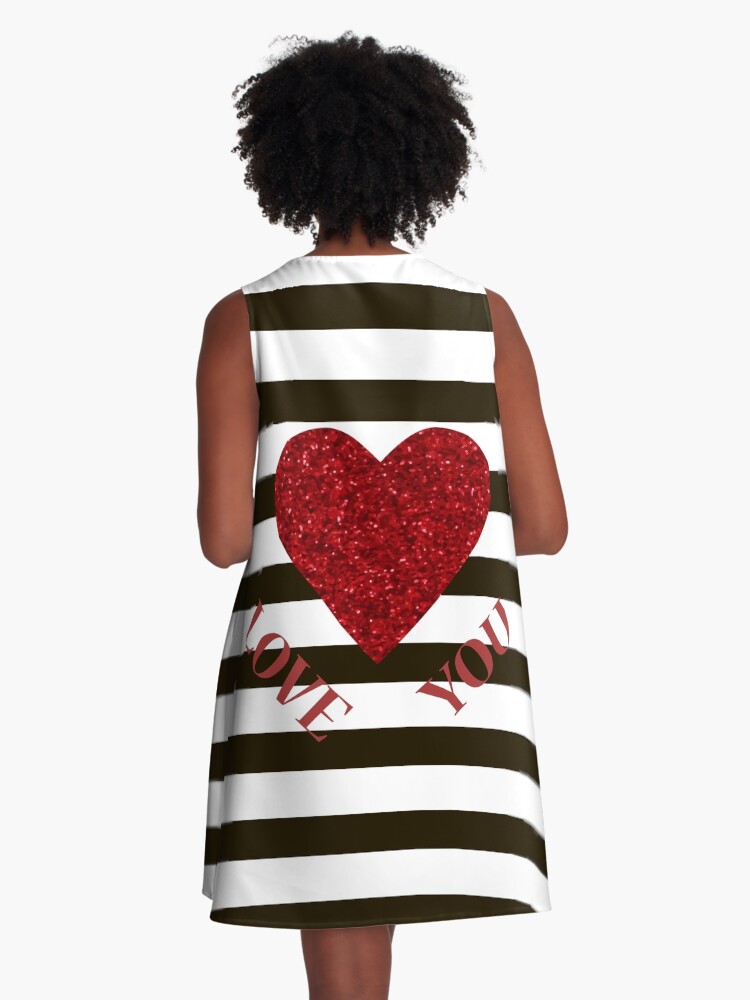 LOVE YOU Valentine Red glitter heart and black stripes for  Valentine's Valentine's day shiny with A-Line Dress