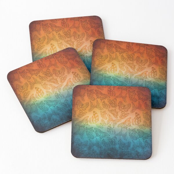 Item preview, Distressed and Textured Sunset Butterflies. Teal green and sunset orange, painted with stencil butterflies on canvas. designed and sold by Orianah.