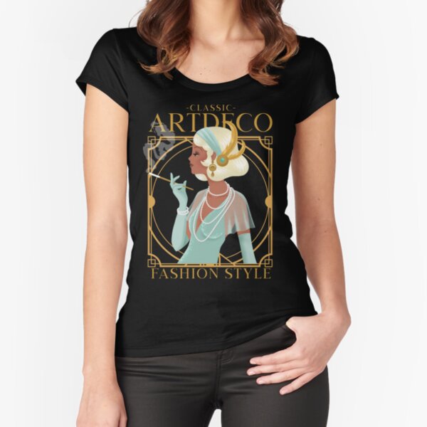 Beautiful Art Deco Girl Wearing Blue Dress Fitted Scoop T-Shirt