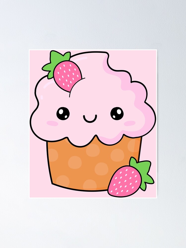 "Cute smiling kawaii strawberry cupcake ice cream Strawberry dessert