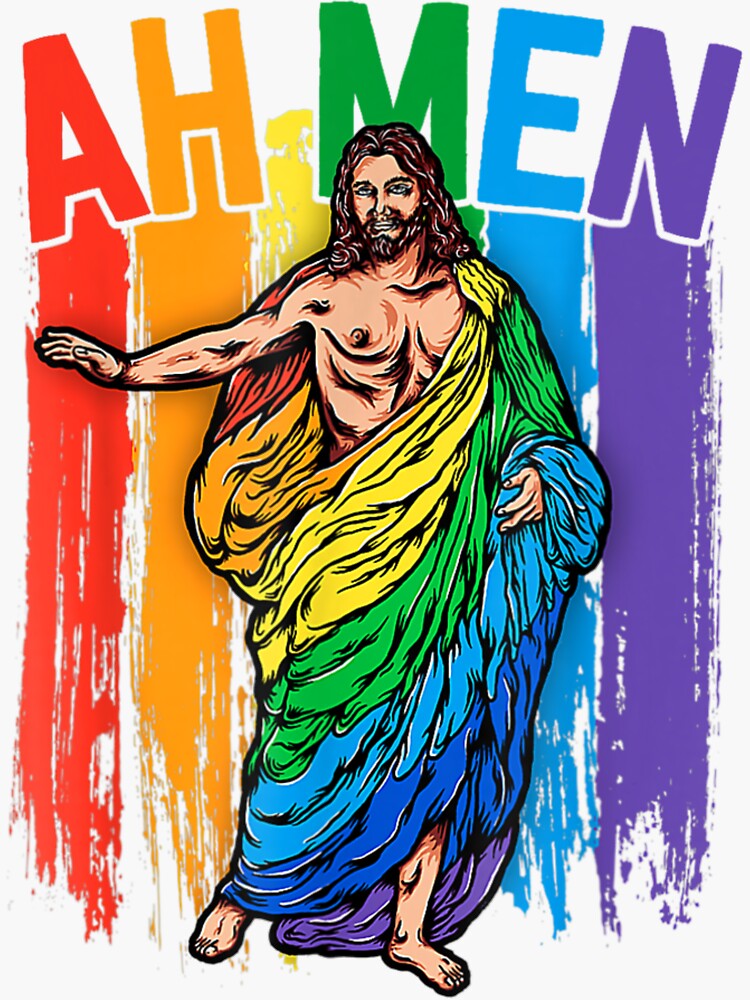 Ah Men Lgbt Gay Pride Jesus Rainbow Flag Christian Sticker For Sale By Evanartten Redbubble