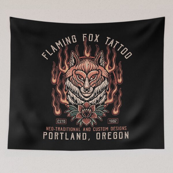 Item preview, Flaming Fox Tattoo, Portland, Studio Design, Neo Traditional, Old School Tattoo designed and sold by Proverbial Wisdom Design.