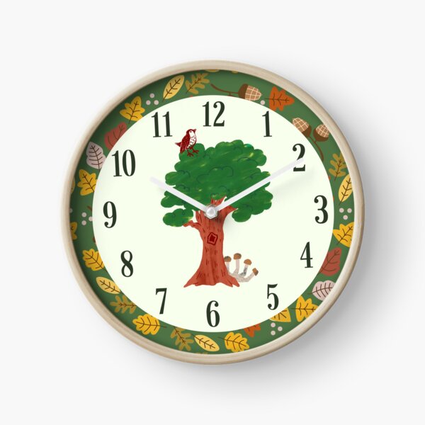 Nature leaves acorn clock tree and bird Clock
