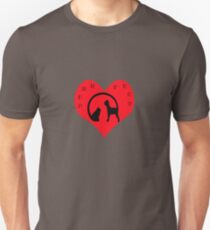 cat and dog logo syle joined by the tails ,on a big red heart and purrfect written on it Unisex T-Shirt