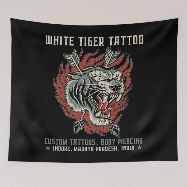 Item preview, White Tiger Tattoo, Studio Design, Neo Traditional, Old School, Indore, India designed and sold by Proverbial Wisdom Design.