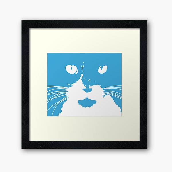 "Cat Print/My Patch" Blue and White Cat Feline Face Graphic Design - Jenny Meehan Framed Art Print