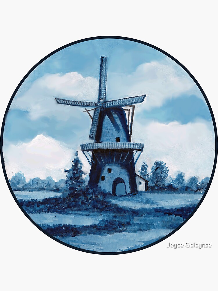 “Delft Blue Dutch Windmill, Painting, Blue and White” Sticker for Sale