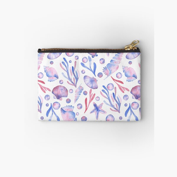 Item preview, watercolor sea shells, sea stars, pearls, seaweed - blue, pink and white designed and sold by Carrot Faery Art.